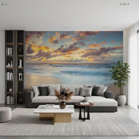 Gentle waves and gold sky open a living room to the coast, wall mural GD11396
