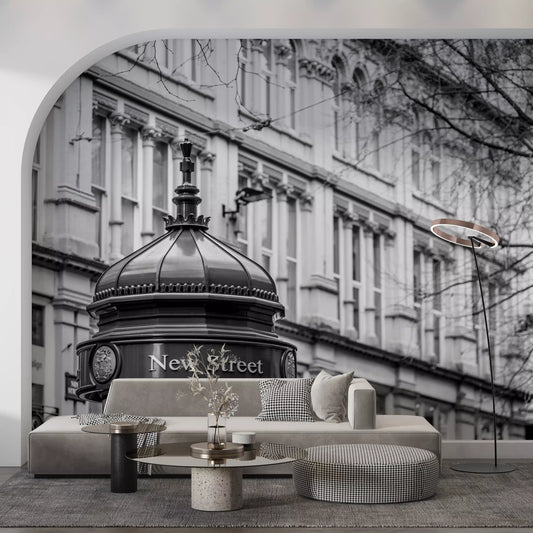 Vintage street facade lifts a living room with fine detail, wall mural GD11397
