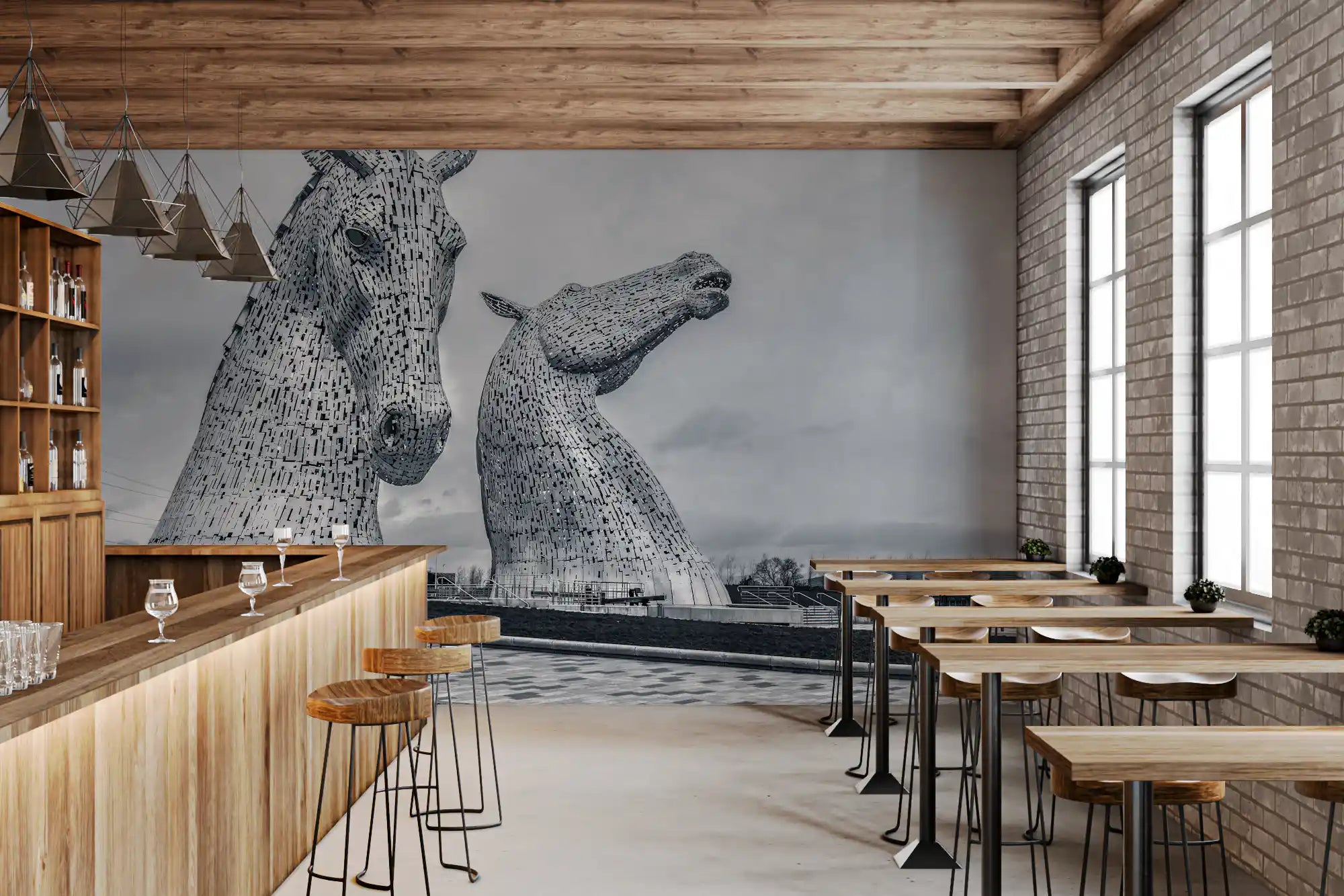 Giant metal horse heads give a cafe a bold, modern feature, wall mural GD11398
