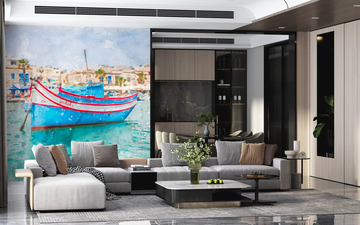 Watercolour fishing boat warms a living room with coastal blues, wall mural GD11399
