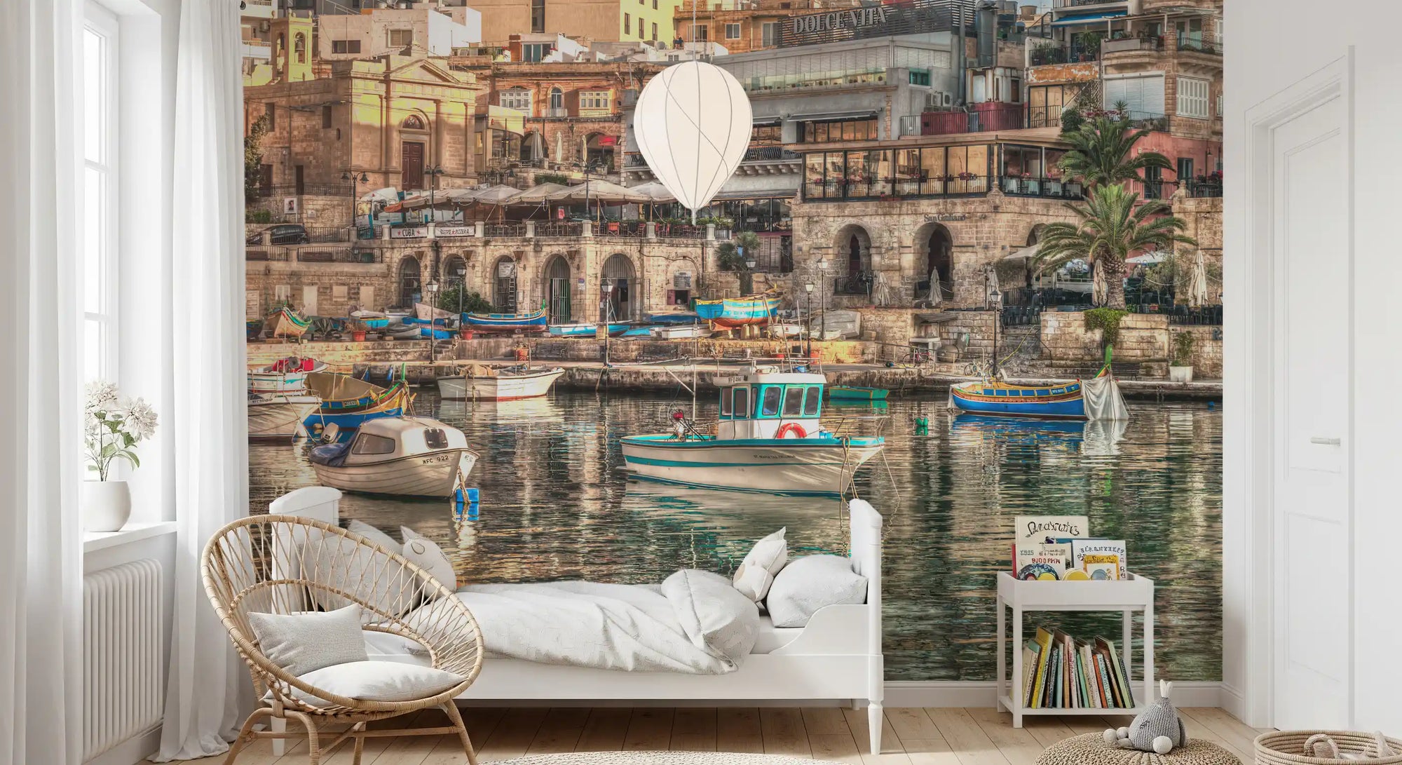 Calm harbour reflections relax a bedroom by the coast, wall mural GD11400
