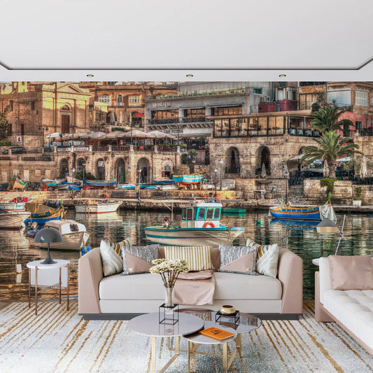 Italian harbour village warms a living room with sunny tones, wall mural GD11400
