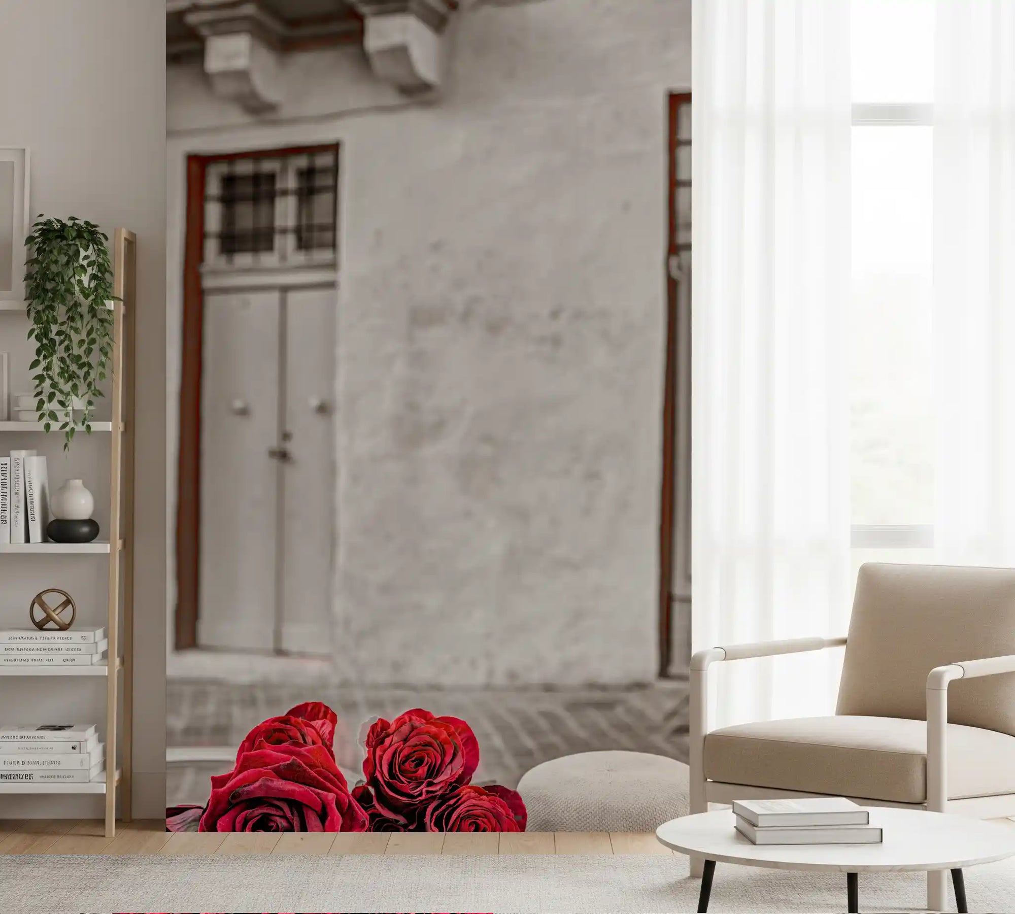 Red roses and a white hat warm a living room, wall mural GD11401
