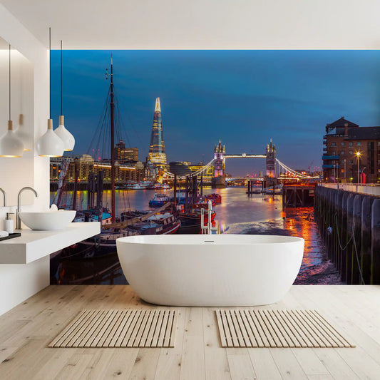 Moody river reflections relax a bathroom at dusk, wall mural GD11402
