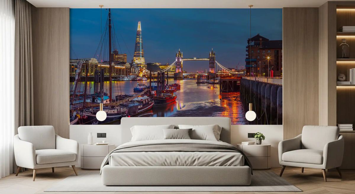 Thames dusk skyline calms a bedroom with warm reflections, wall mural GD11402