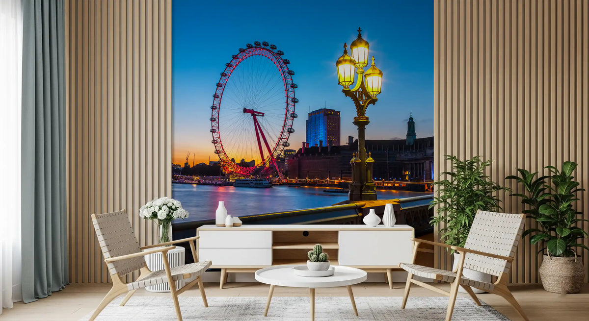 London Eye Twilight wall mural glowing over a calm living room GD11404