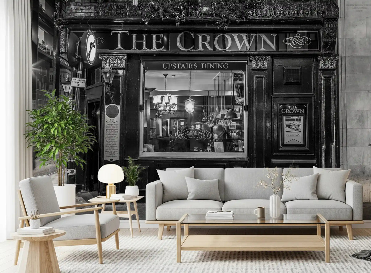 Living room set behind a vintage pub front, Classic Tavern Street wall mural GD11406