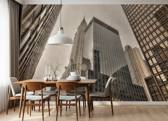 Dining room set below towering skyscrapers, Architectural Heights wall mural GD11407