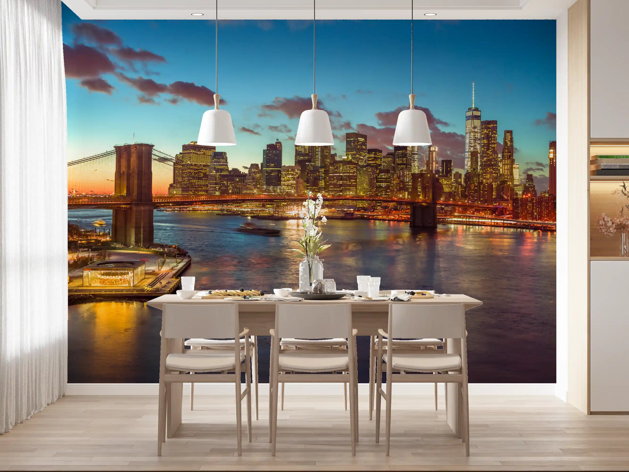 Dining room set against a twilight skyline, Brooklyn Bridge Panorama wall mural GD11408