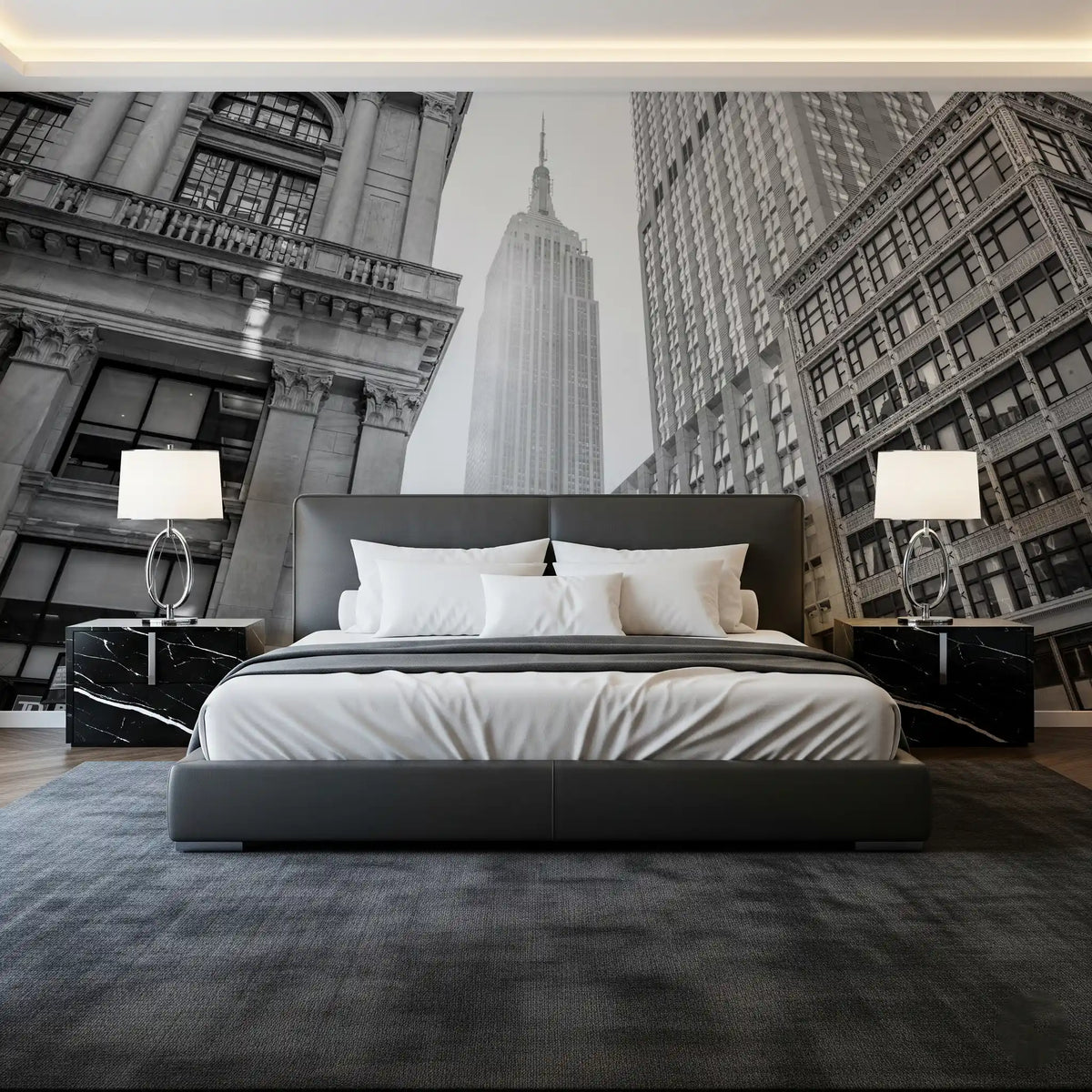 Bedroom set behind a black and white city view, Urban Heights wall mural GD11409