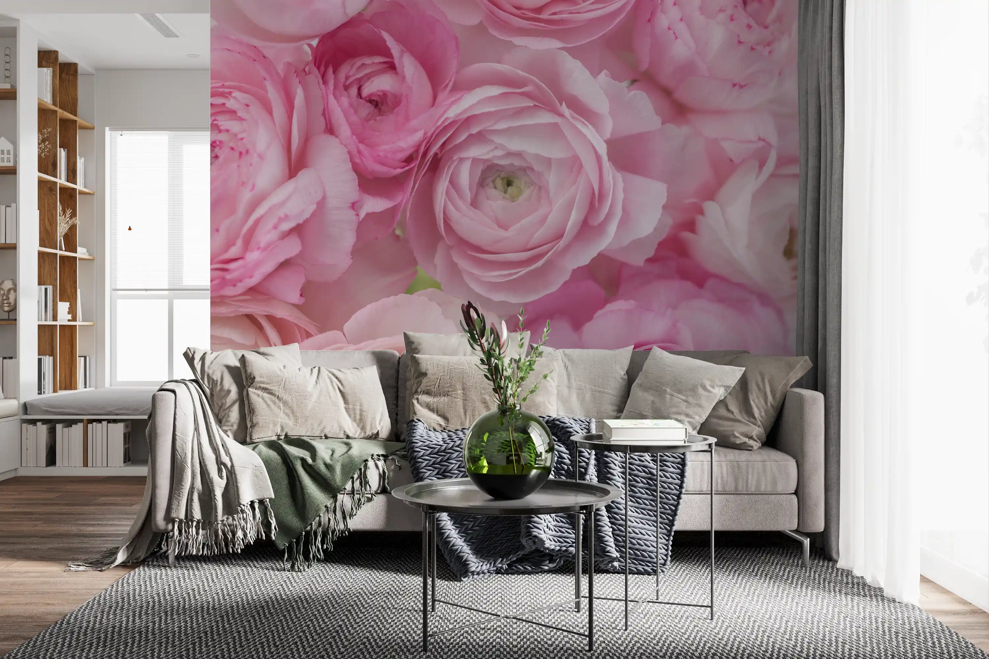 Pink ranunculus blooms fill a living room feature, layered floral wall mural GD11411