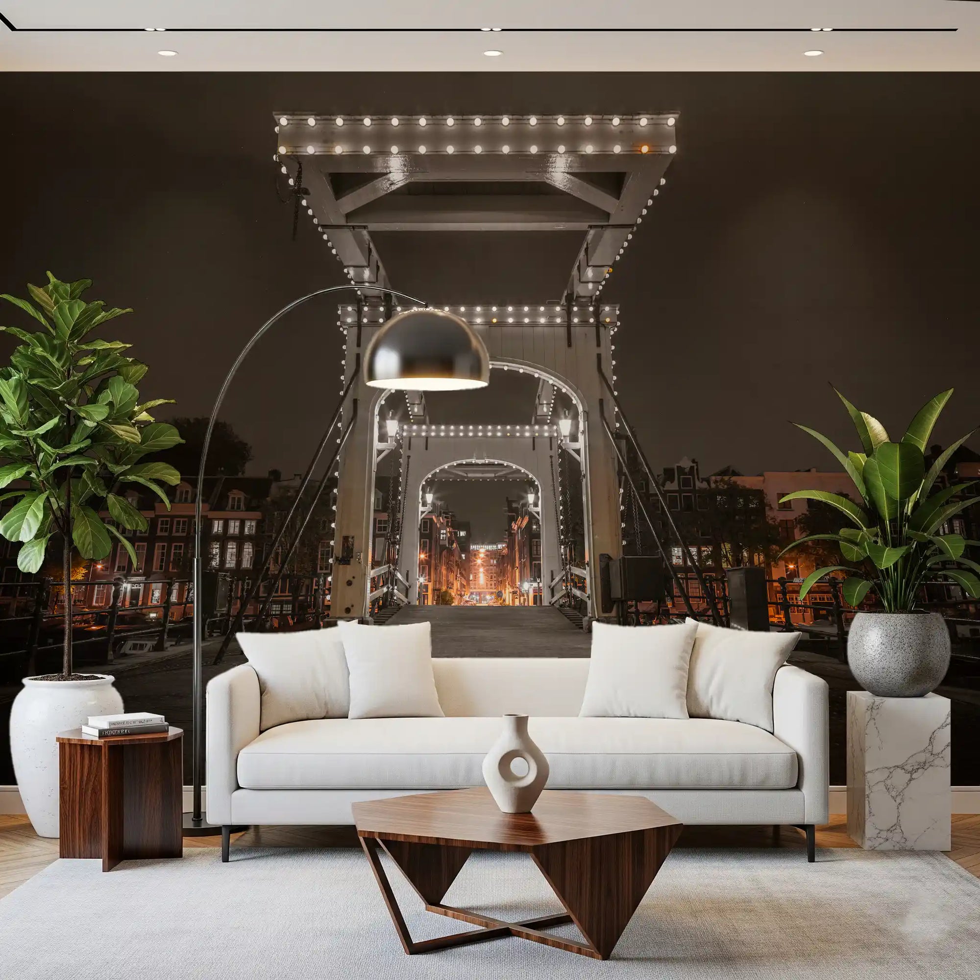 Illuminated canal bridge glows behind a living room in this night wall mural GD11413