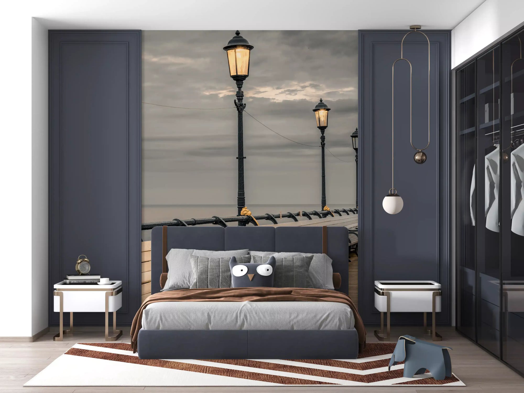 Rows of benches trail toward the sea, evening boardwalk wall mural GD11415