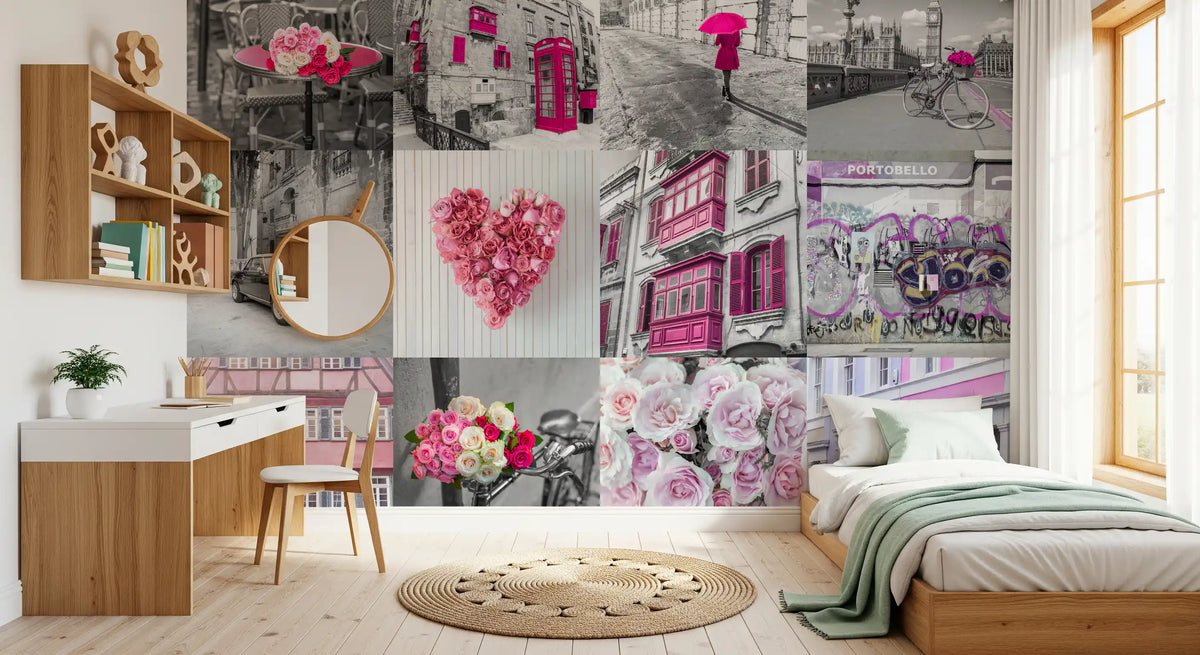 Pink and monochrome collage glows behind a bedroom wall mural GD11418