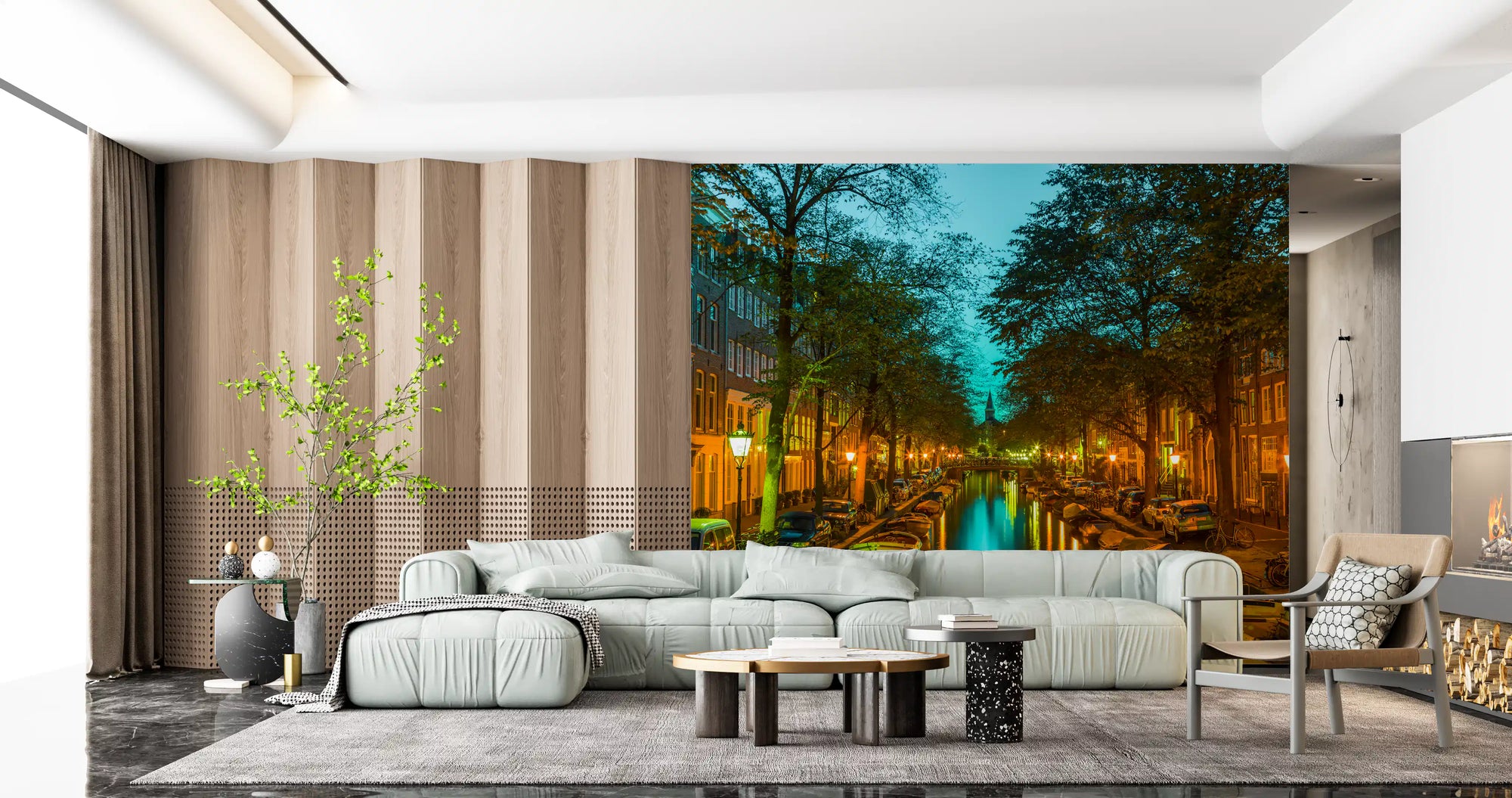 Amsterdam canal glows at evening behind a living room wall mural GD11422