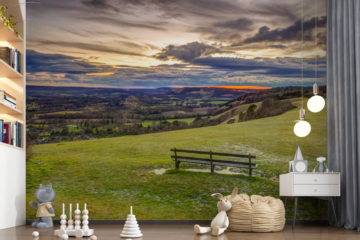 Golden Sunset Valley Bench Wall Mural