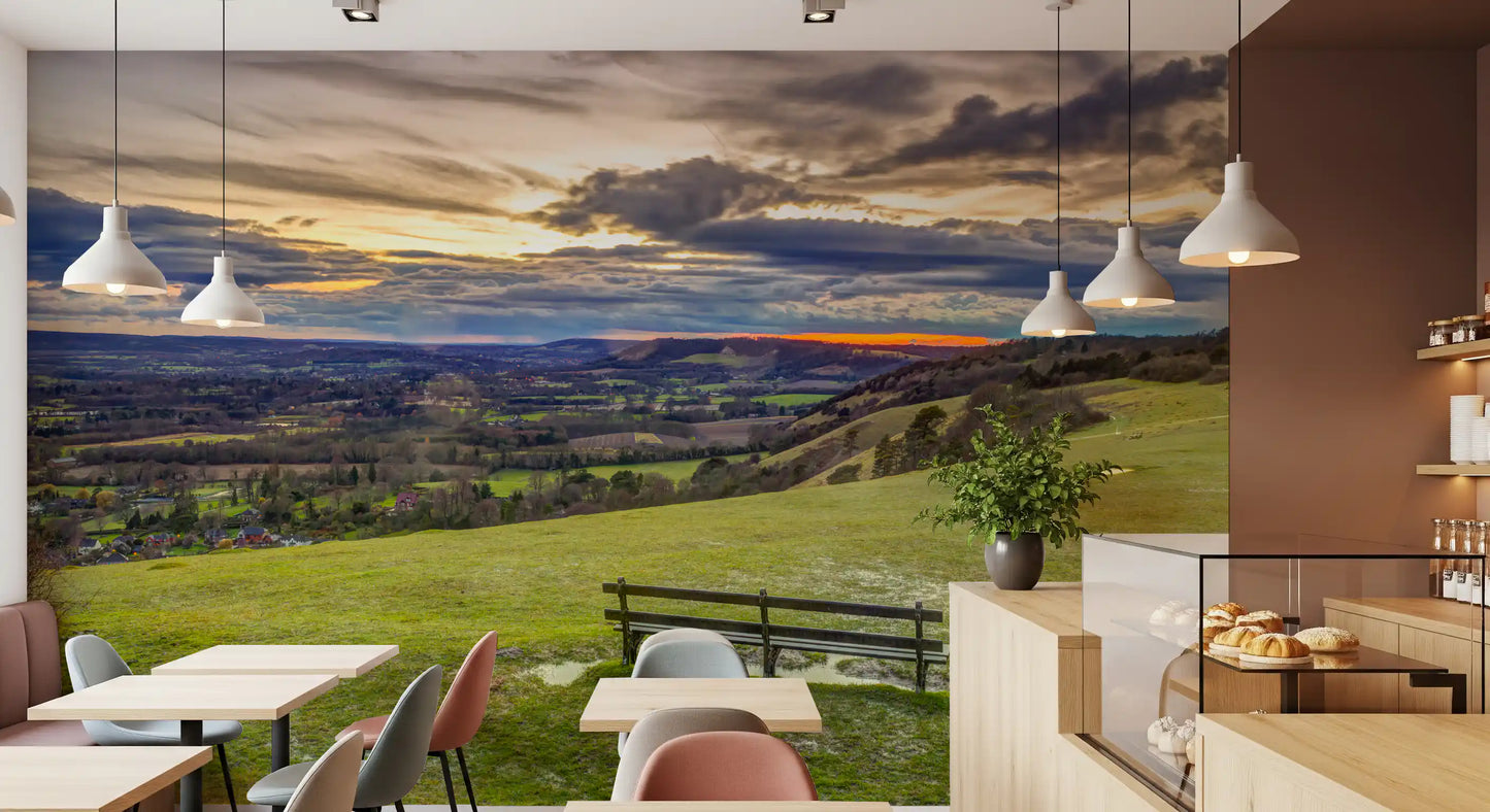 Golden Sunset Valley Bench Wall Mural