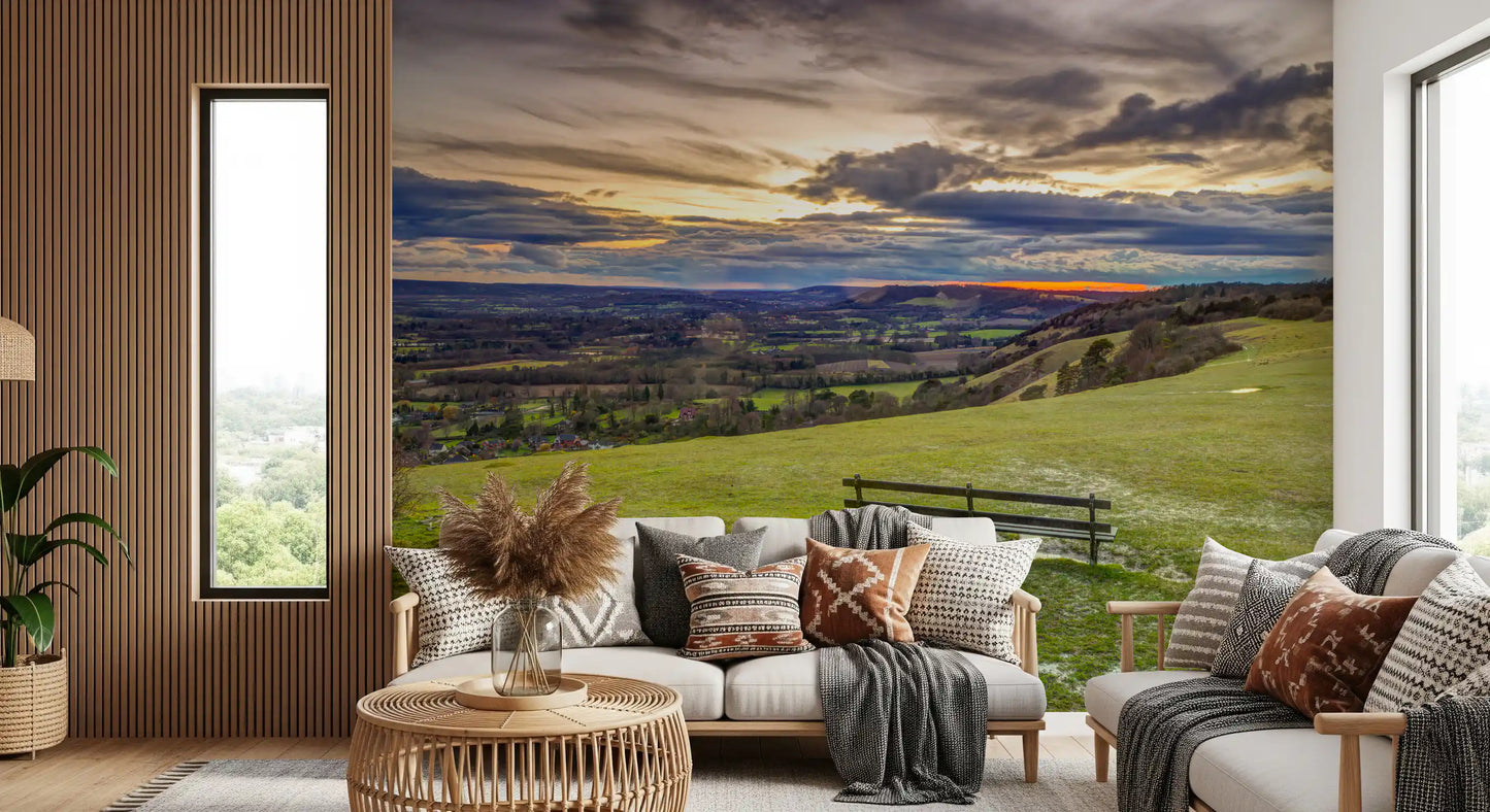 Golden Sunset Valley Bench Wall Mural