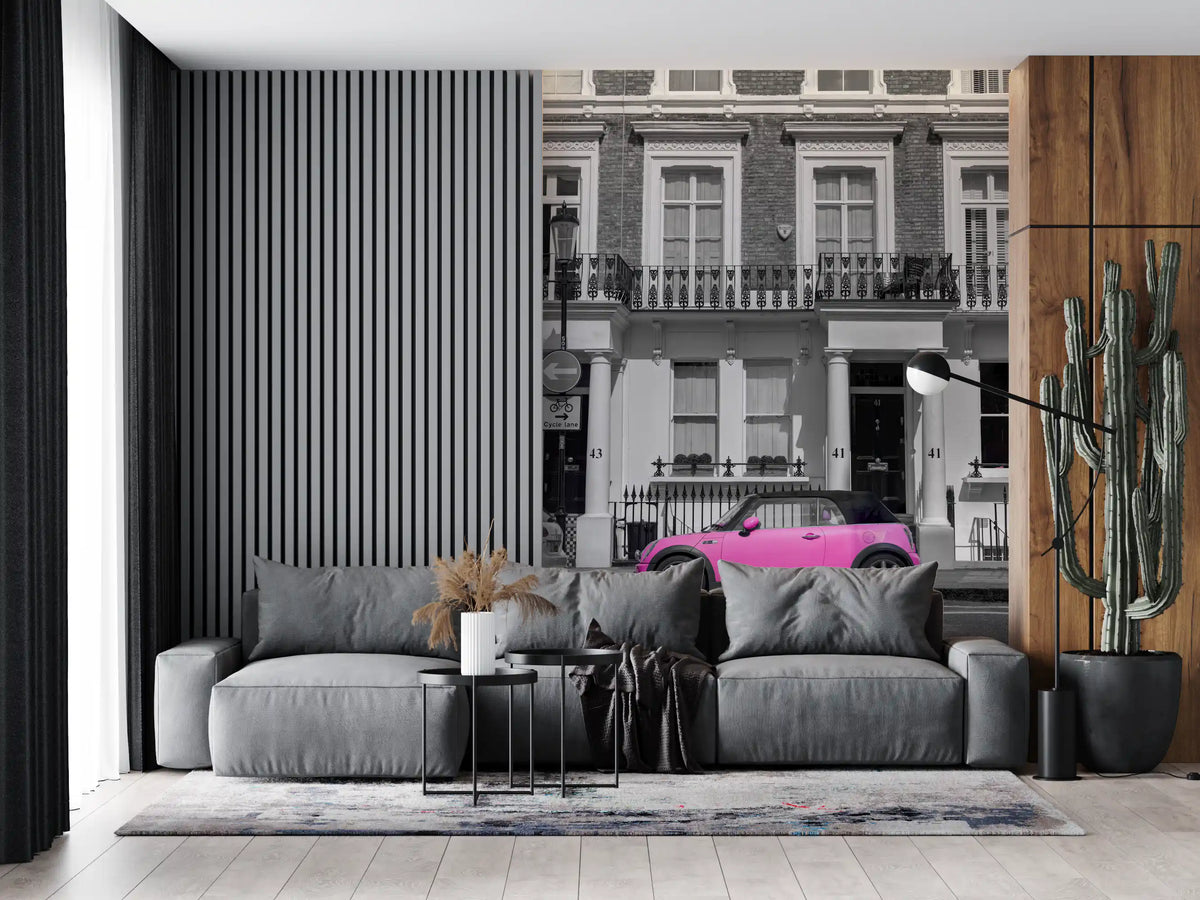 Urban Pink Pop Monochrome wall mural giving a living room a bold focus, GD11430