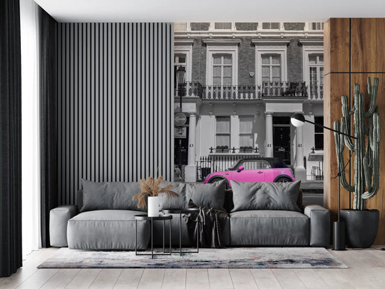 Urban Pink Pop Monochrome wall mural giving a living room a bold focus, GD11430