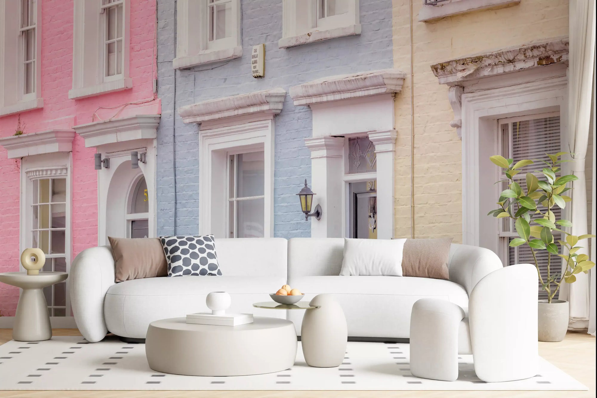 Charming European Streetscape wall mural opening a living room to pastel homes, GD11431