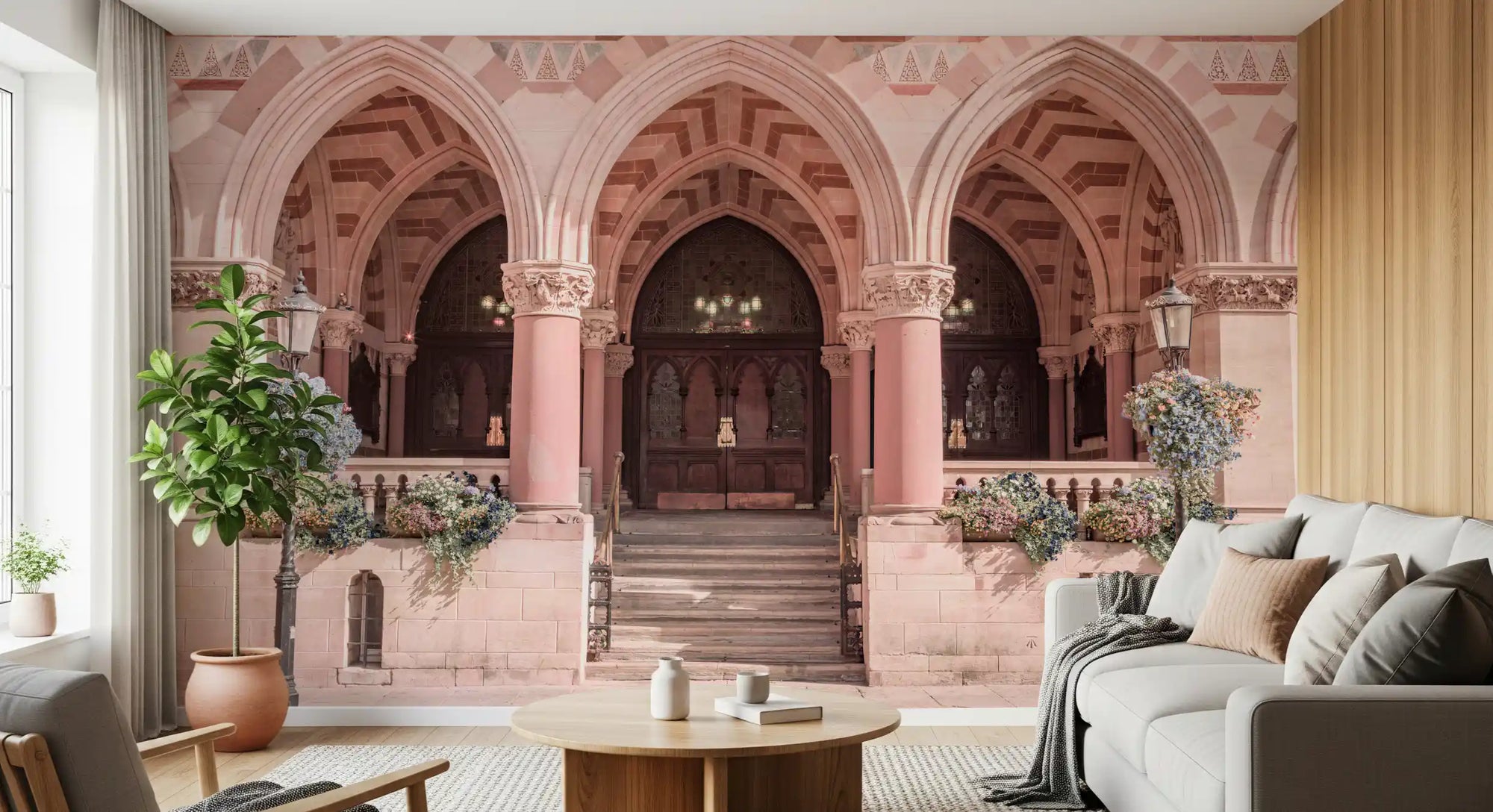 Ornate Historical Stone Facade wall mural giving a living room grand depth, GD11434