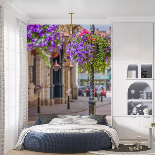 Lamp posts and flower baskets calming a bedroom in Garden Street wall mural, GD11435
