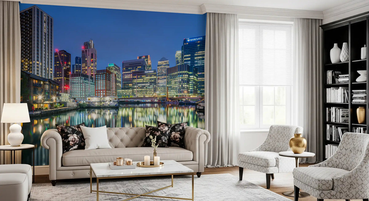 Blue dusk of a Metropolitan Water Reflection wall mural lifts a living room GD11449
