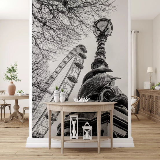 Looking up, an Observation Wheel and Lamppost wall mural lifts a dining room GD11451
