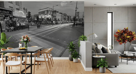 An Urban Night Lights wall mural glows over a dining room GD11454
