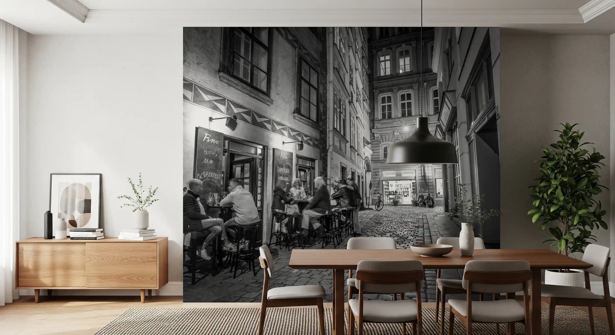 Cobblestone bistro scene warms a dining room at night, wall mural GD11457