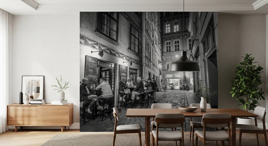 Cobblestone bistro scene warms a dining room at night, wall mural GD11457