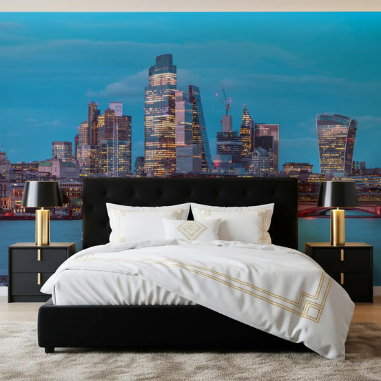 Twilight Thames river wall mural glowing over a bedroom GD11458