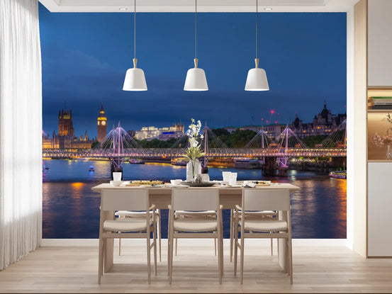 Evening Thames cityscape wall mural glowing over a dining room GD11462