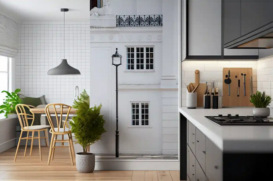 London facade wall mural dressing a dining room in clean monochrome GD11464