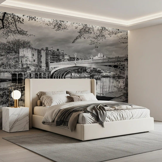 Bedroom set with a riverside heritage wall mural, monochrome bridge scene GD11467