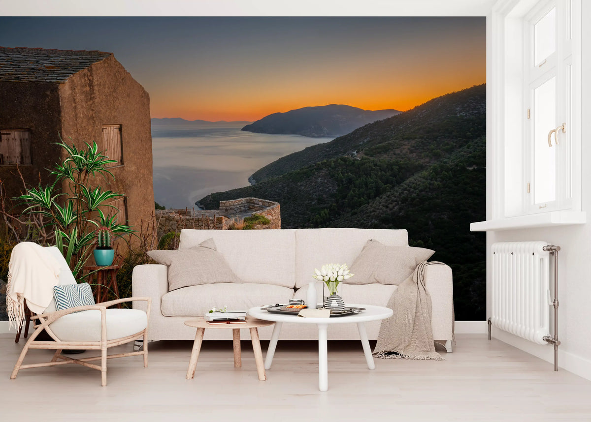 Living room set with a rustic stone retreat wall mural, Golden Hour scene GD11469