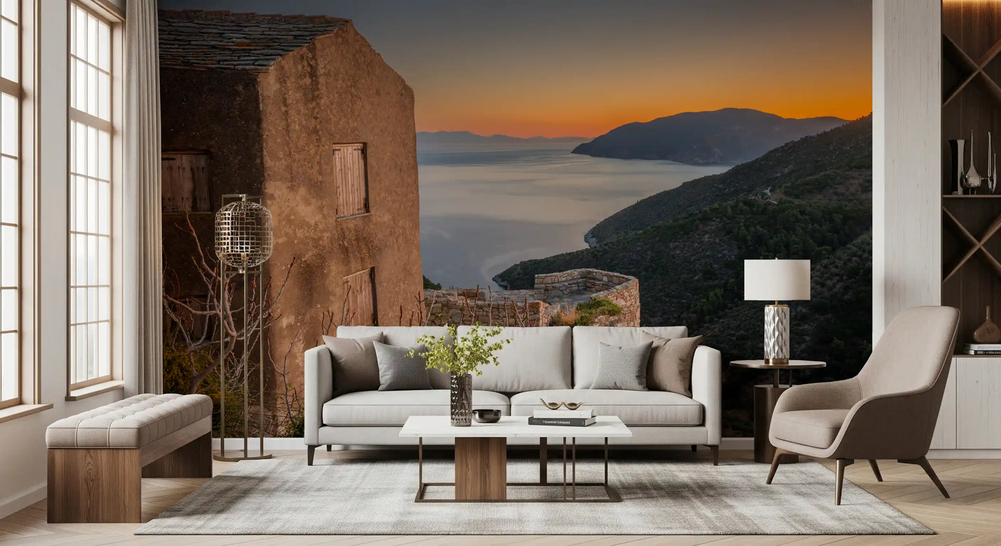 Rustic Stone Retreat at Golden Hour Wall Mural