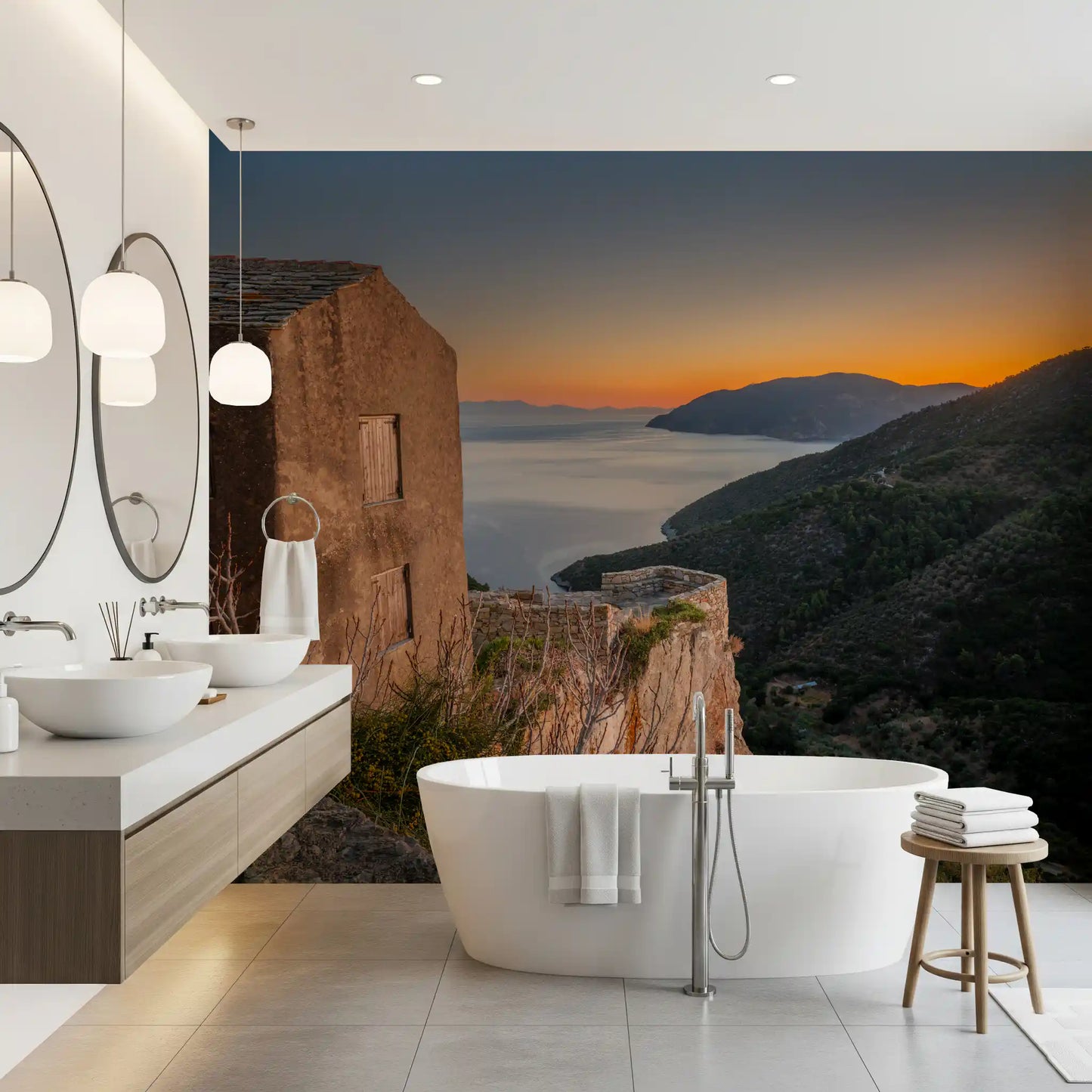 Rustic Stone Retreat at Golden Hour Wall Mural