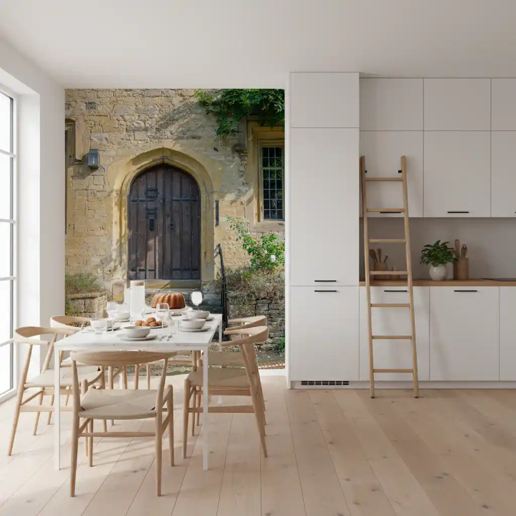 Aged Timber Archway and Stonework Wall Mural