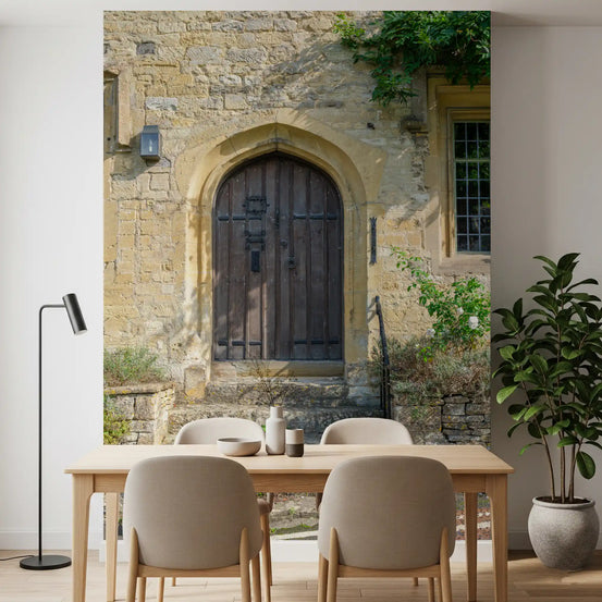 Dining room set with an aged timber archway wall mural, Stonework scene GD11470
