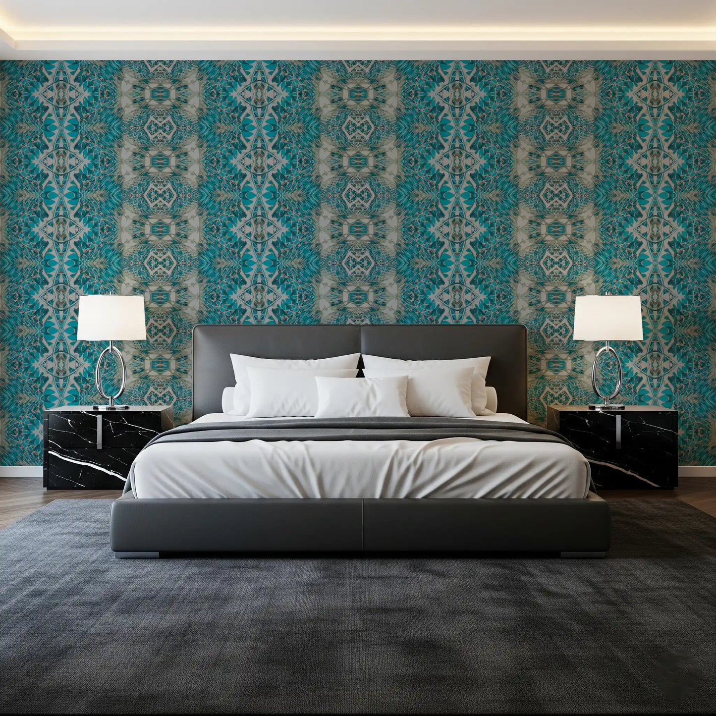 Teal & Gray Intricate Abstract Ornamental Wallpaper  -  AMBER DESIGN WALLPAPER