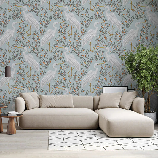 Graceful Heron wallpaper warms a living room with berry branches in blue GD11472