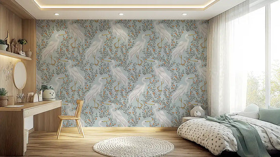 Bedroom set with heron and berry branch wallpaper, the Graceful botanical repeat GD11472