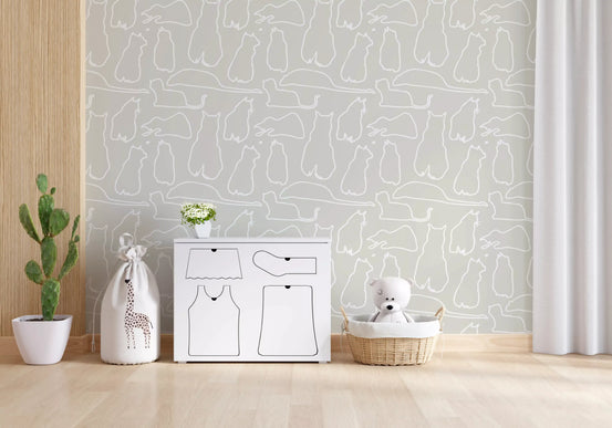 Nursery styled with beige feline wallpaper, the Munki and the Spot pattern GD11474