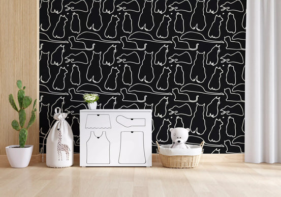 Black and cream cats on a wallpaper filling a playroom with graphic style GD11478