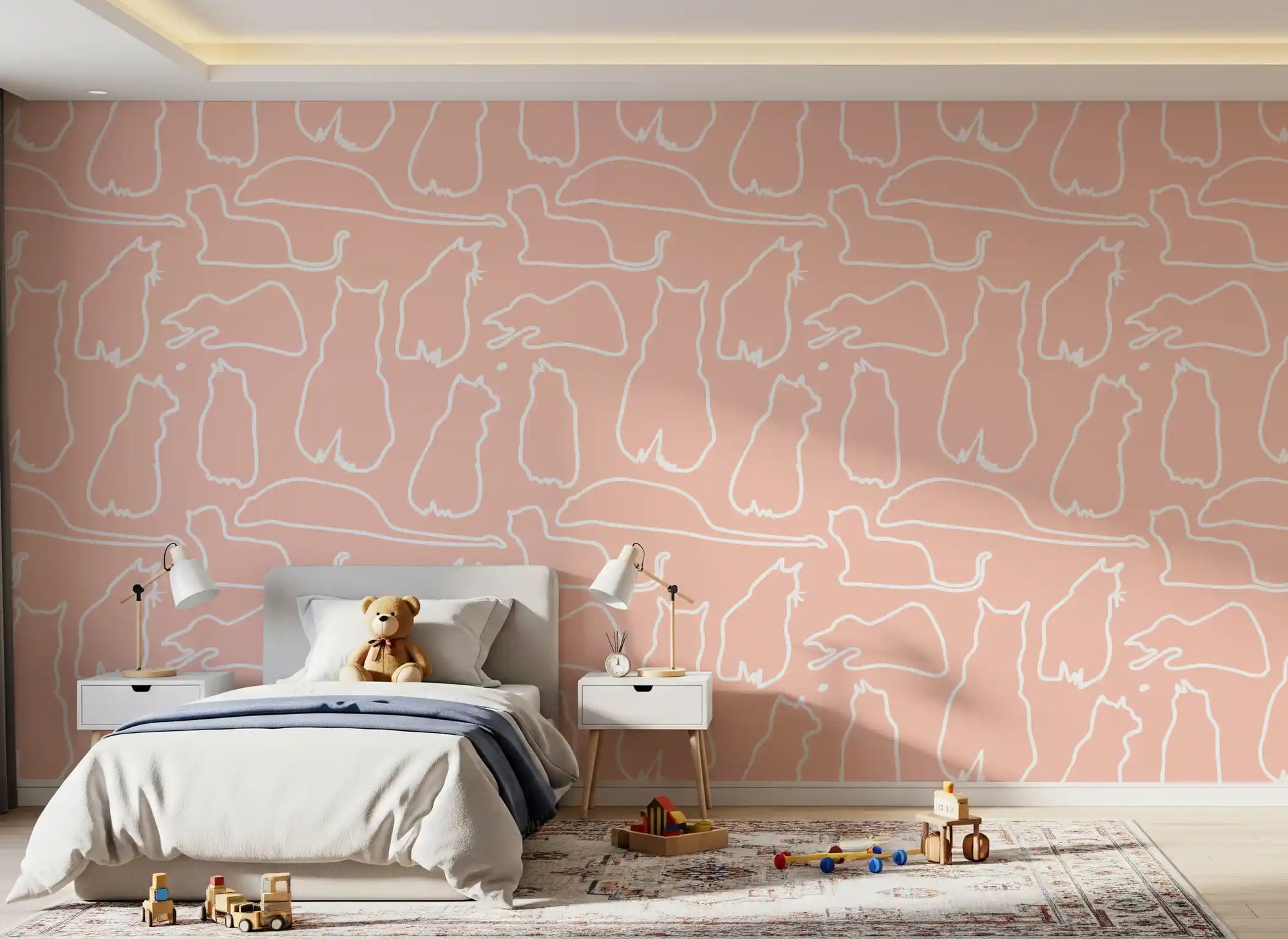 Cosy blush ground and white cats on a wallpaper for a calm bedroom GD11482
