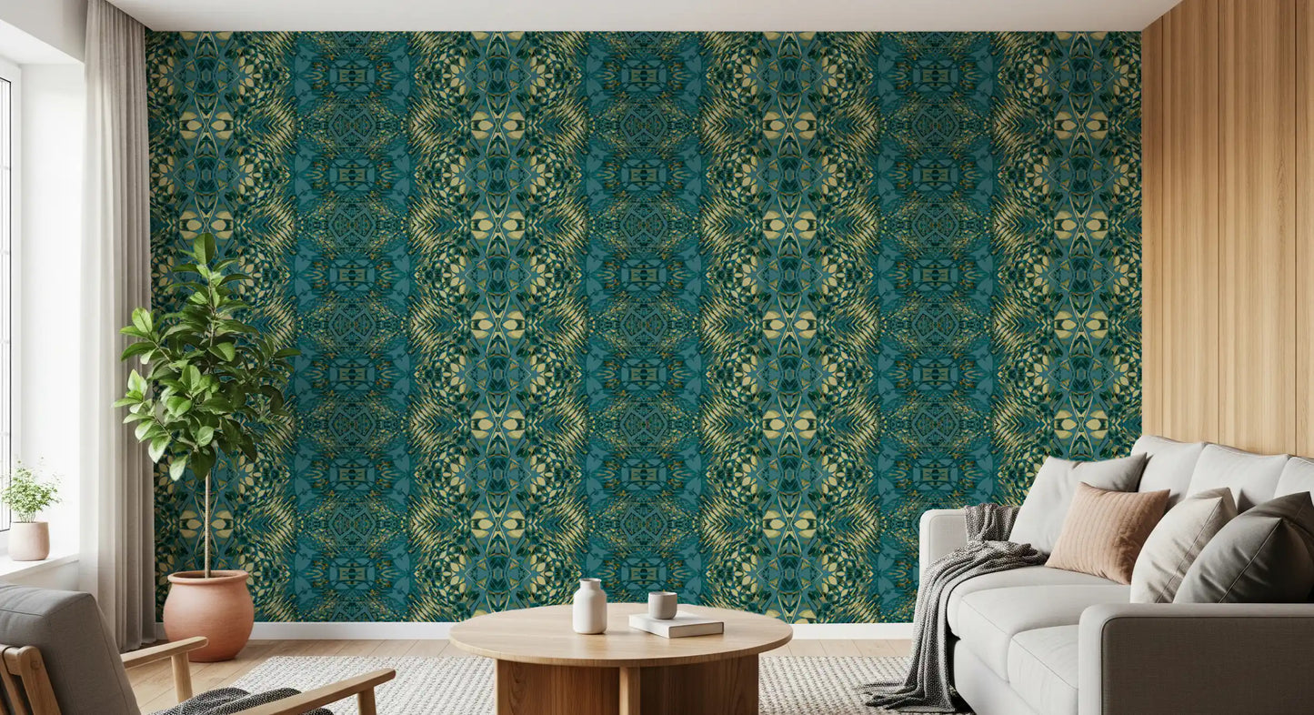 Abstract Ornamental Geometric Teal & Pale Yellow Lattice Wallpaper - AMBER DESIGN Wallpaper Wallpaper⁠