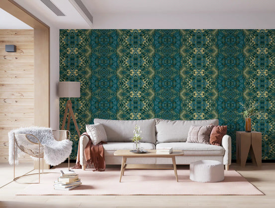 Abstract Ornamental Teal & Pale Yellow Lattice - AMBER  Wallpaper⁠