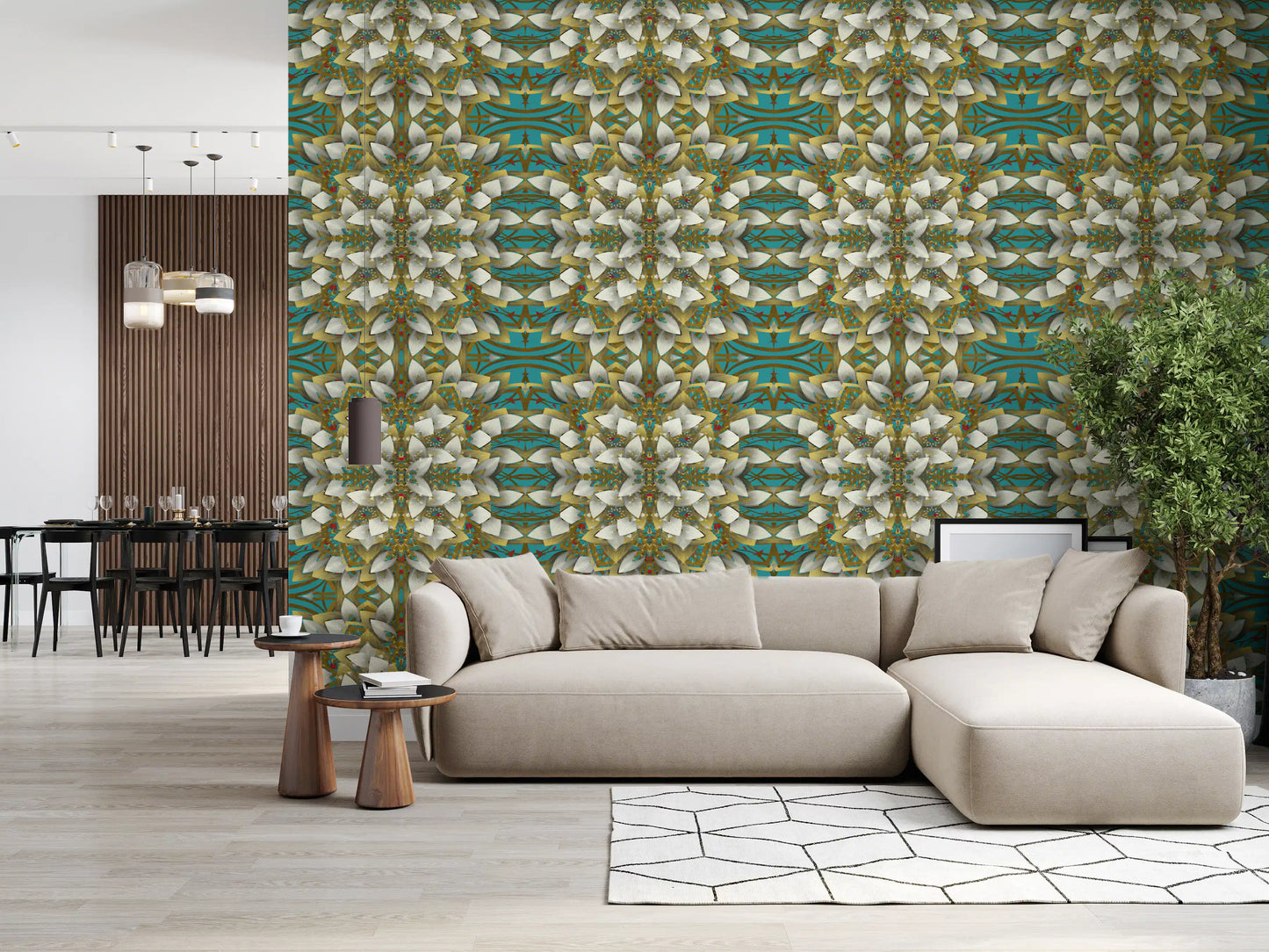 Teal & Gold Geometric Bloom Wallpaper - IKEBANA DESIGN Wallpaper⁠